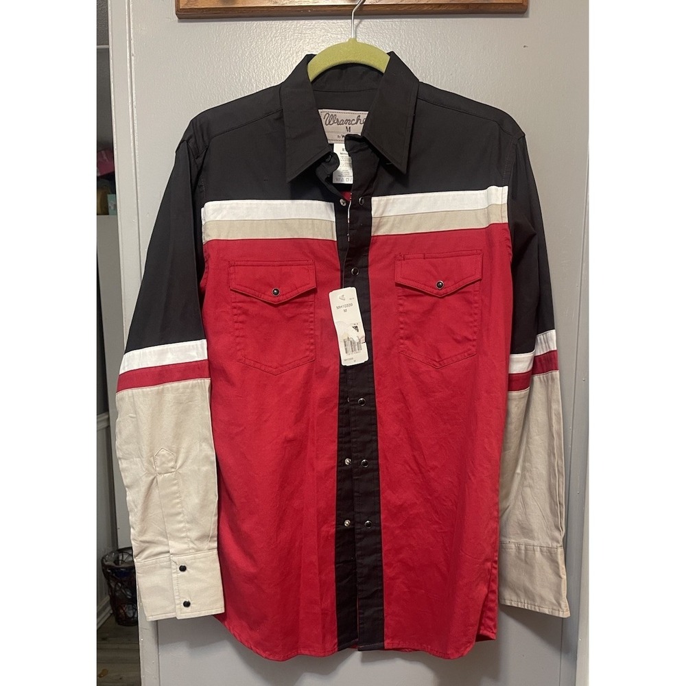 Wrangler Shirt Mens Medium Pearl Snap Long Sleeve Cowboy Retro Red Black Tan